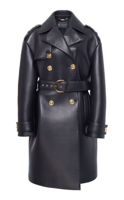 versace long leather coat|Versace leather trench coat.